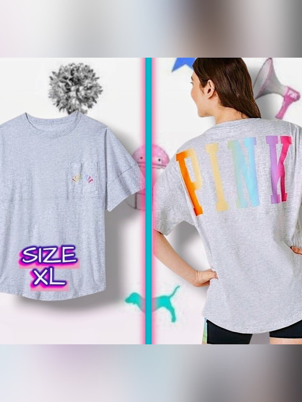 Victoria's Secret PINK Rainbow Logo Varsity Short Sleeve Pocket Tee Size XL